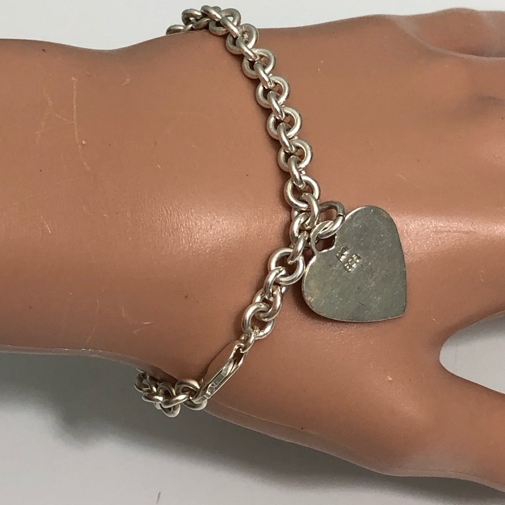 Vintage 925 Sterling Silver Rolo Link Heart Tag Charm Bracelet 7.5"